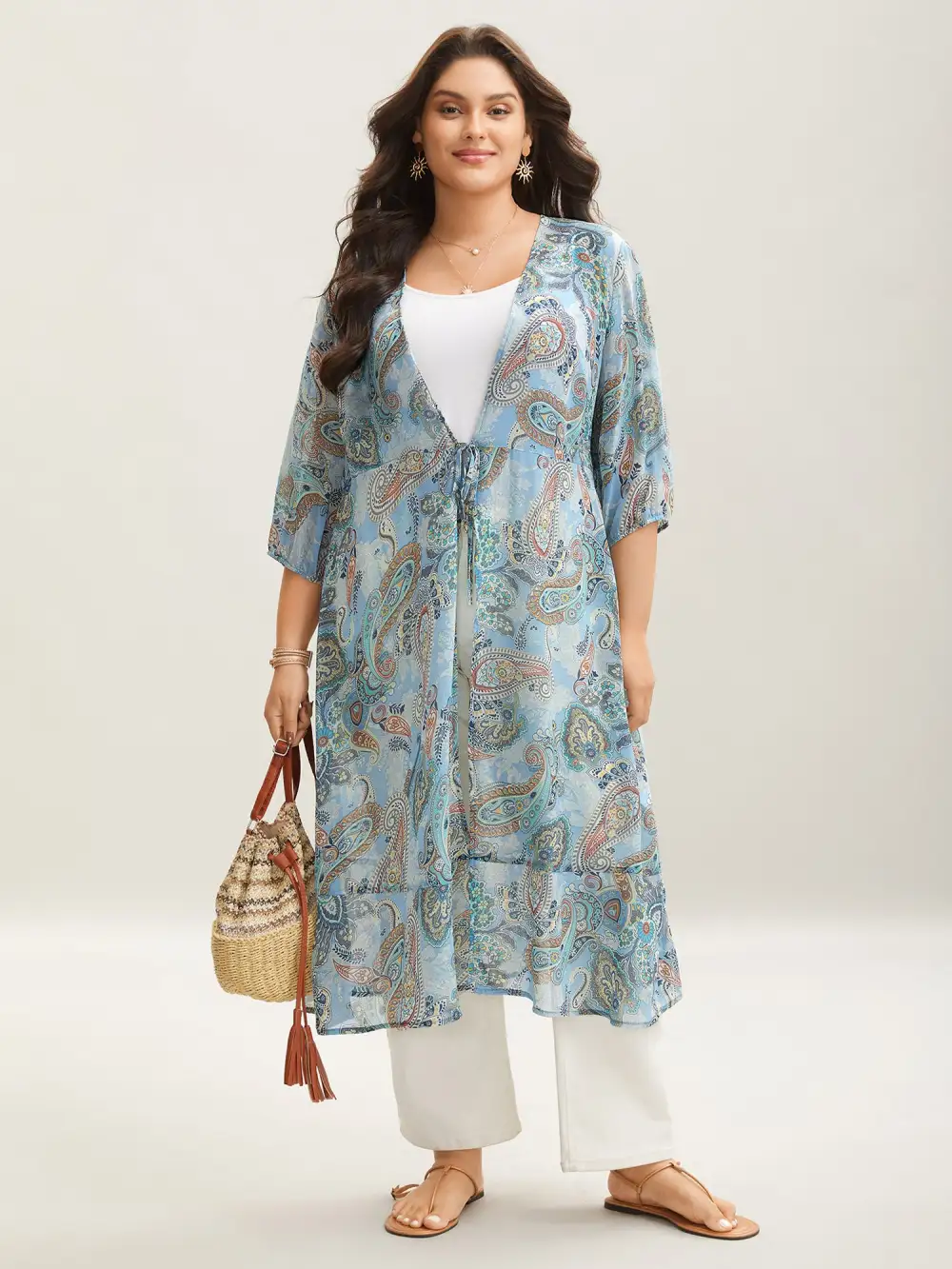 Paisley Print Sheer Tied Kimono Cardigan
