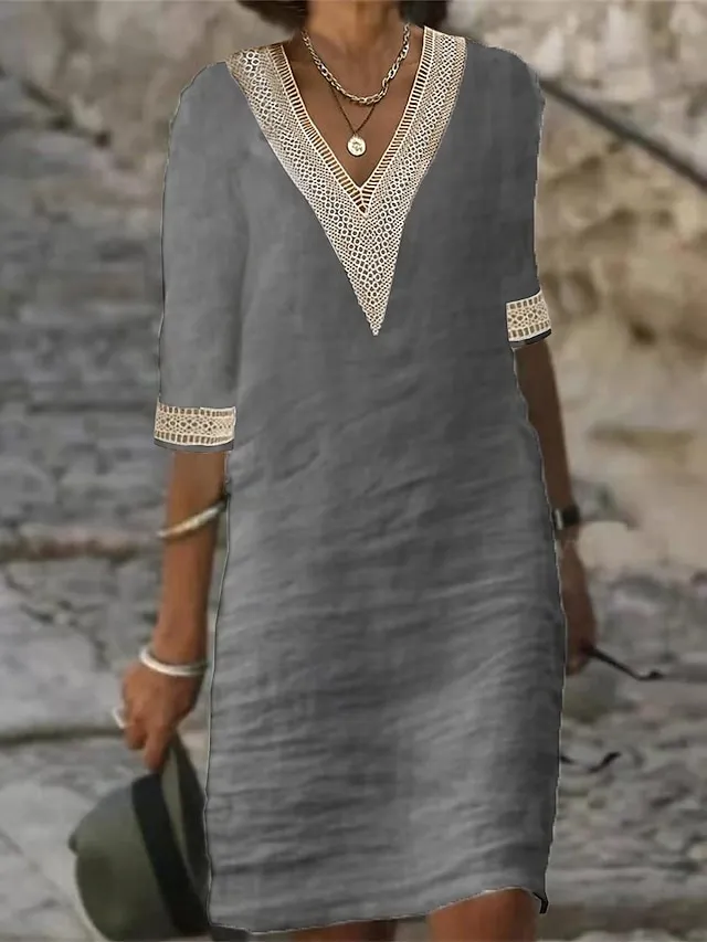 Women's Cotton Linen Dress Casual Dress Shift Dress Midi Dress Cotton And Linen Fashion Modern Outdoor Daily Vacation V Neck Patchwork Half Sleeve Summer Spring 2023 Regular Fit Gray Plain 3XL