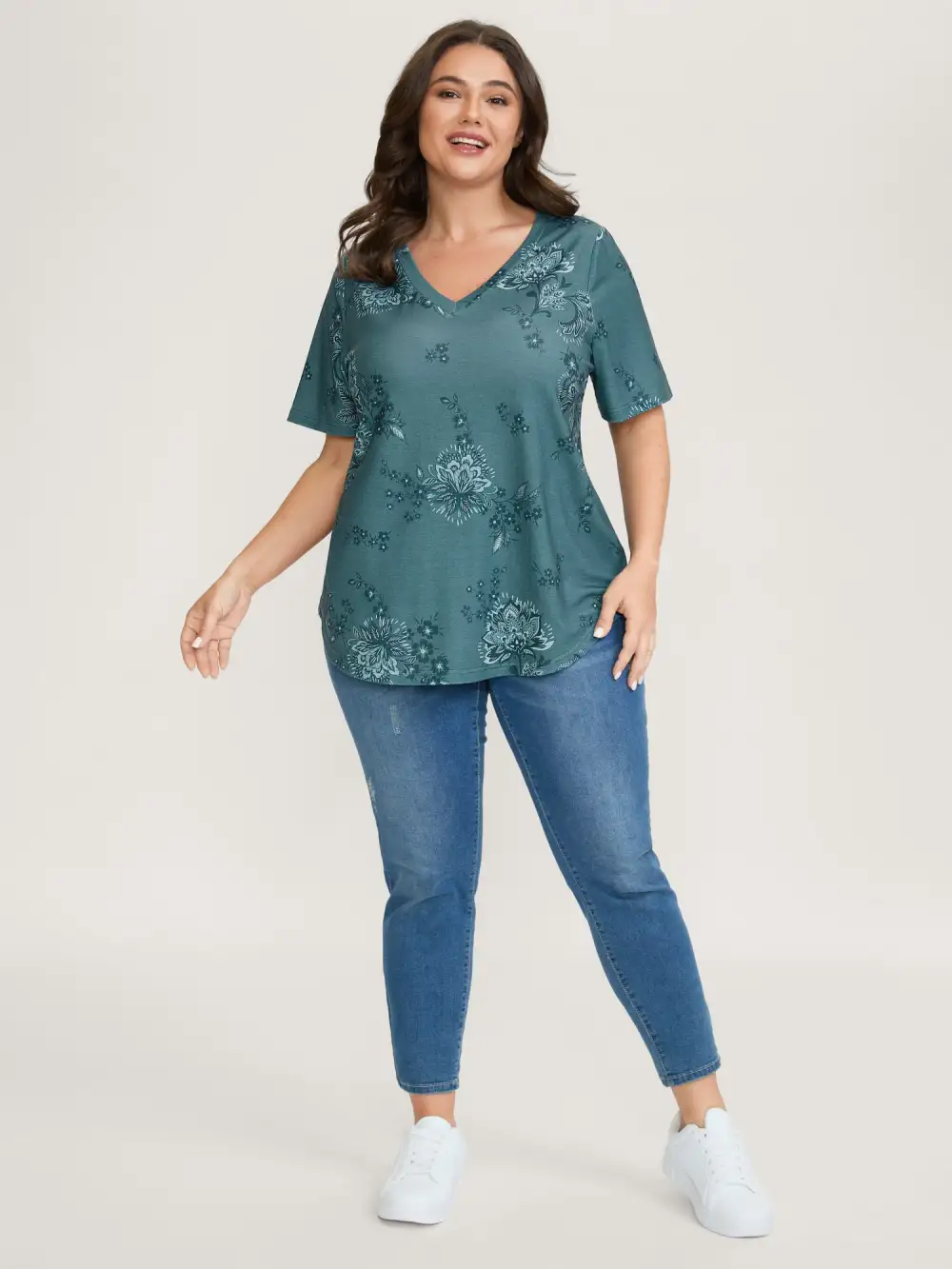 Floral V-Neck Drapey T-Shirt
