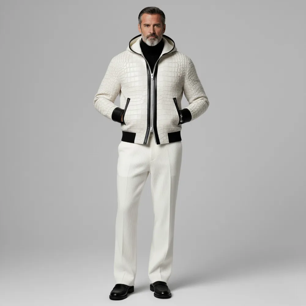 Men's White PU Leather Crocodile Pattern Contrast Binding Two-Way Zipper Hooded Jacket