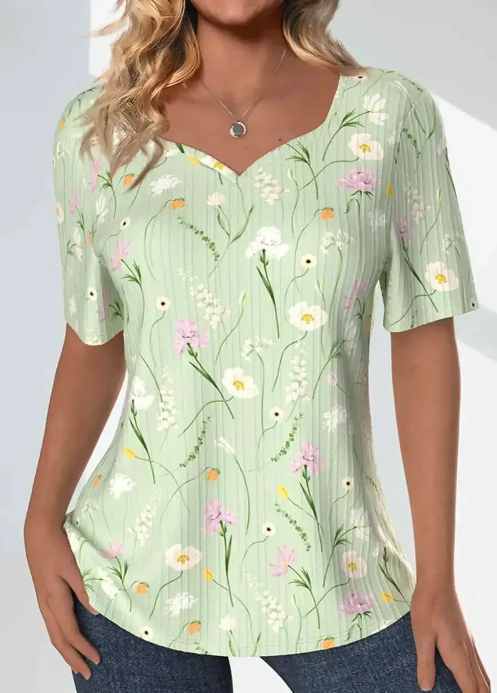 Light Green Textured Fabric Floral Print T Shirt