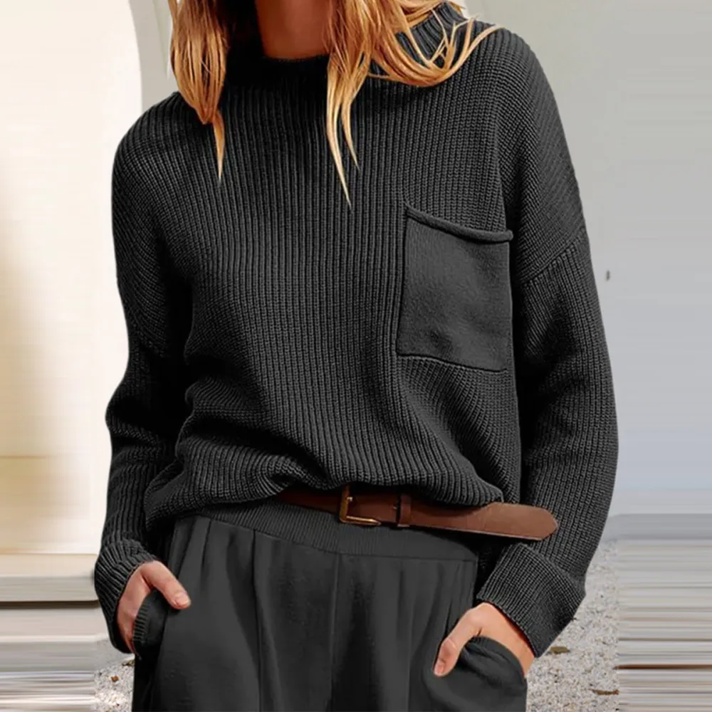 Simple Round Neck Long Sleeve Pocket Knitted Sweater