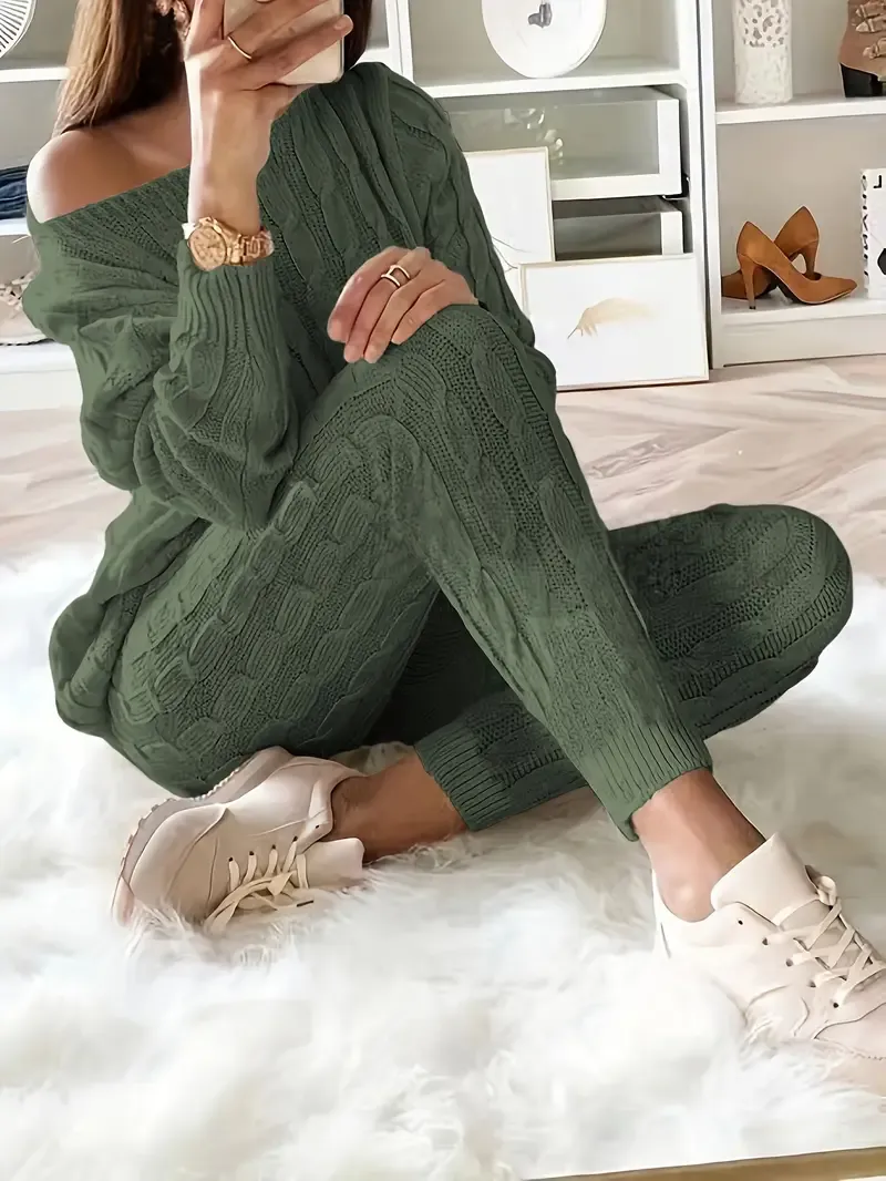 Solid Knitted Matching Two-piece Set, Casual Long Sleeve Sweater & Pants Outfits, Women's Clothing