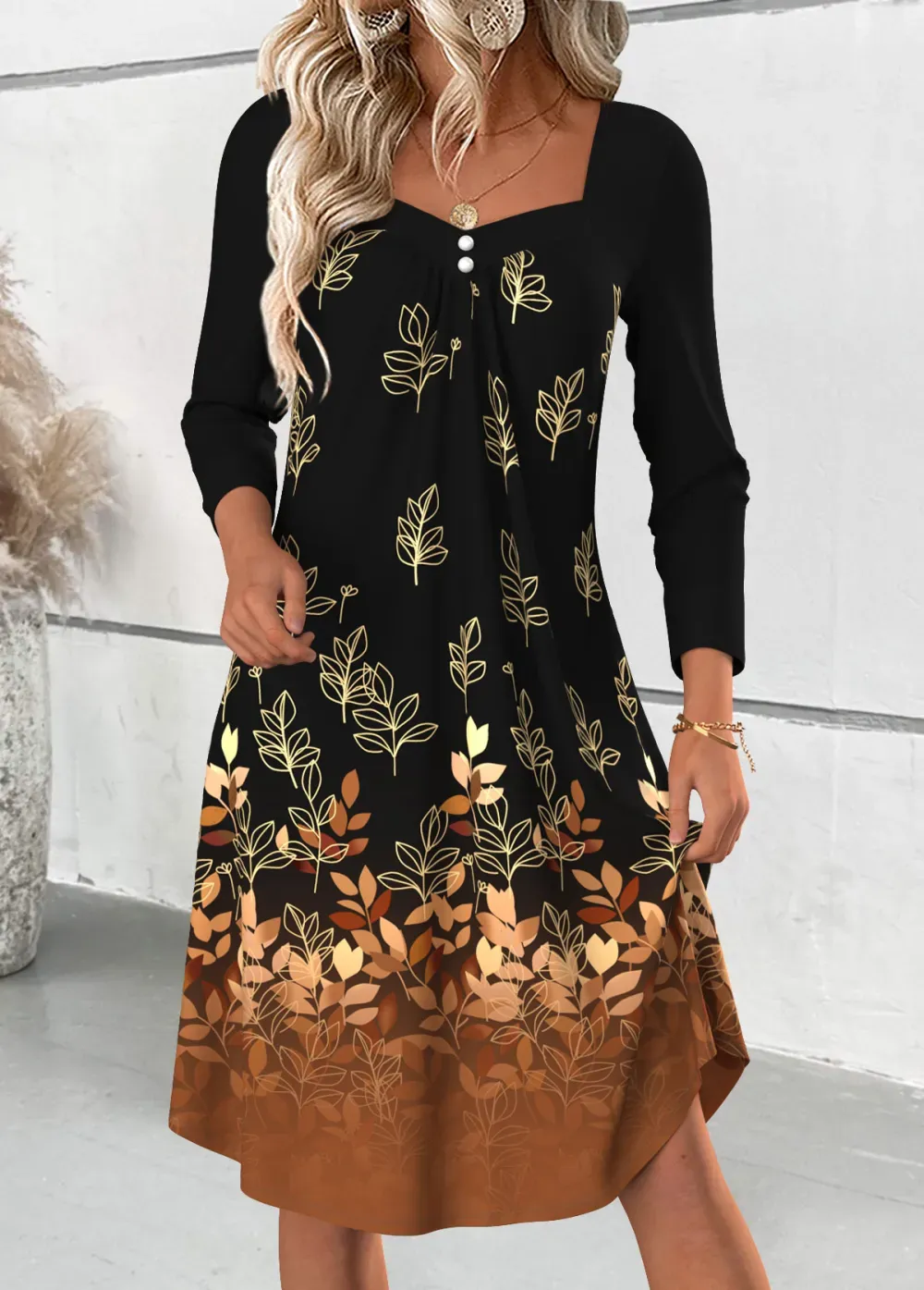 Black Tummy Coverage Leaf Print Long Sleeve Dress