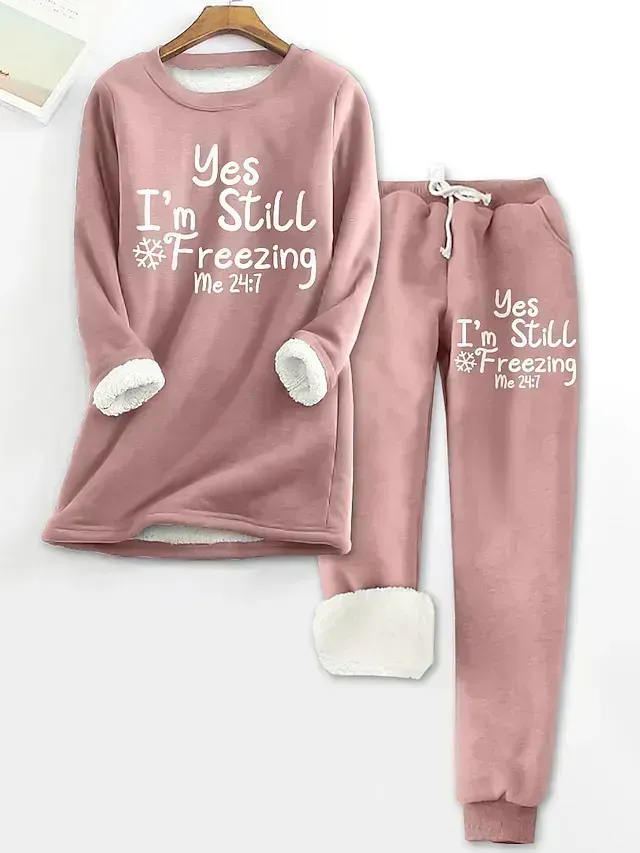 Women's Pajama Top and Pant Letter Warm Comfort Soft Home Daily Bed Fleece Warm Breathable Crew Neck Long Sleeve Pullover Pant Elastic Waist Fall Winter