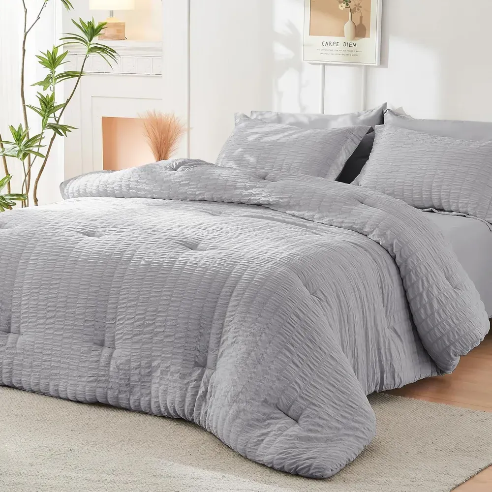 Queen Comforter Set Seersucker 7 Pieces, All Season Luxury Bed in a Bag for Bedroom, Bedding Set with Comforters, Sheets, Pillowcases & Shams, Dark Grey