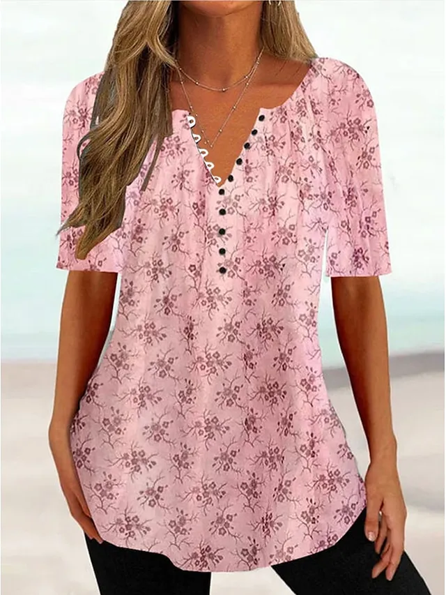 Women's T shirt Tee White Yellow Light Green Floral Button Print Short Sleeve Holiday Weekend Tunic Basic Round Neck Regular Fit Floral Painting