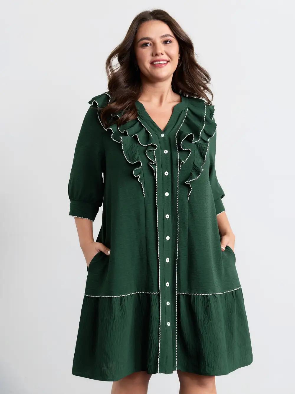 Ruffled Neck Tiered Button Knee-Length Dress