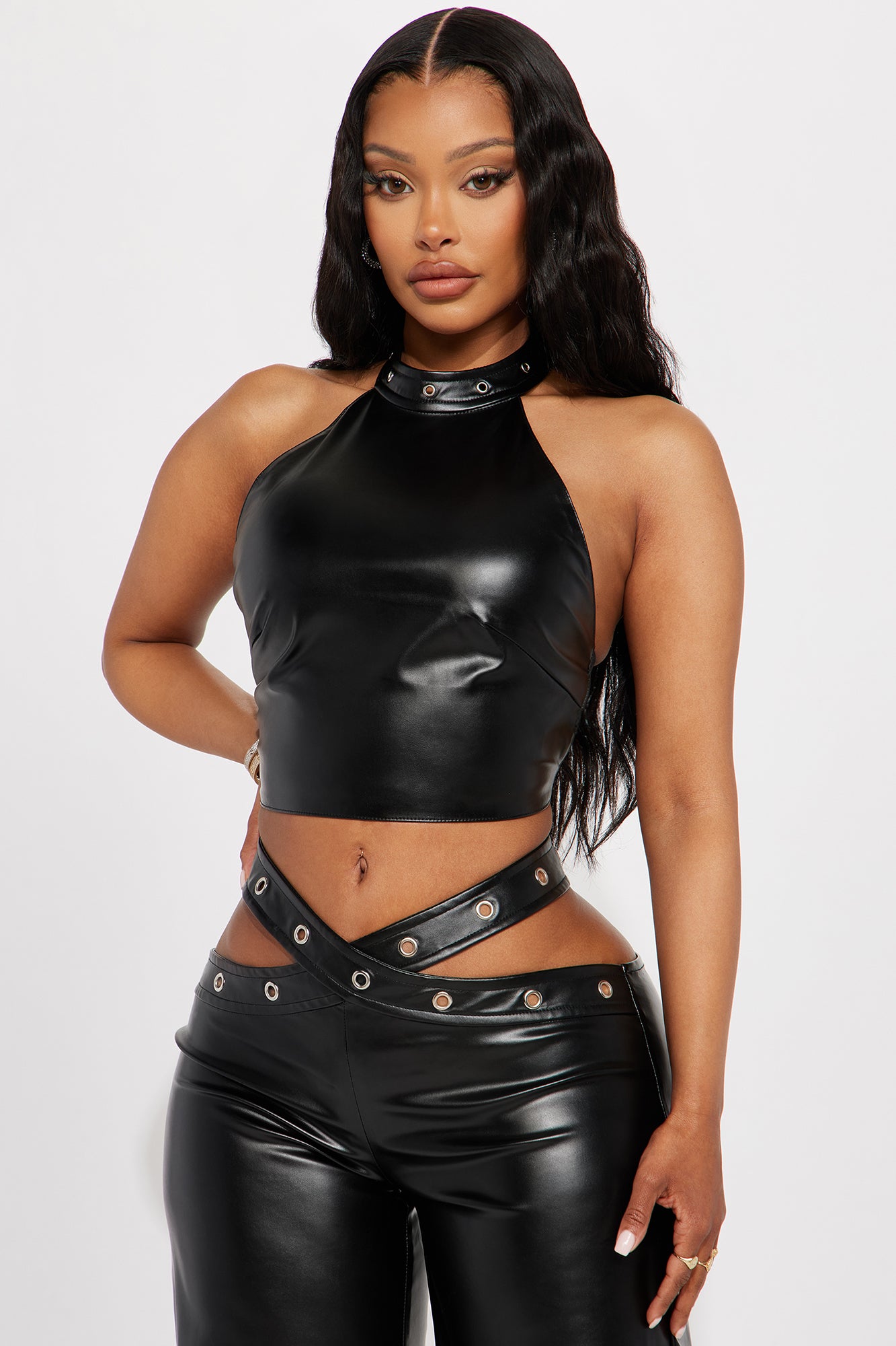Danger Ahead Faux Leather Pant Set - Black