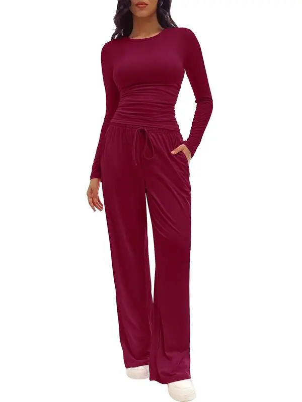 Women's 2-Piece Lounge Set – Solid Ruched Tee & Drawstring Pants, Casual Everyday Sleepwear.