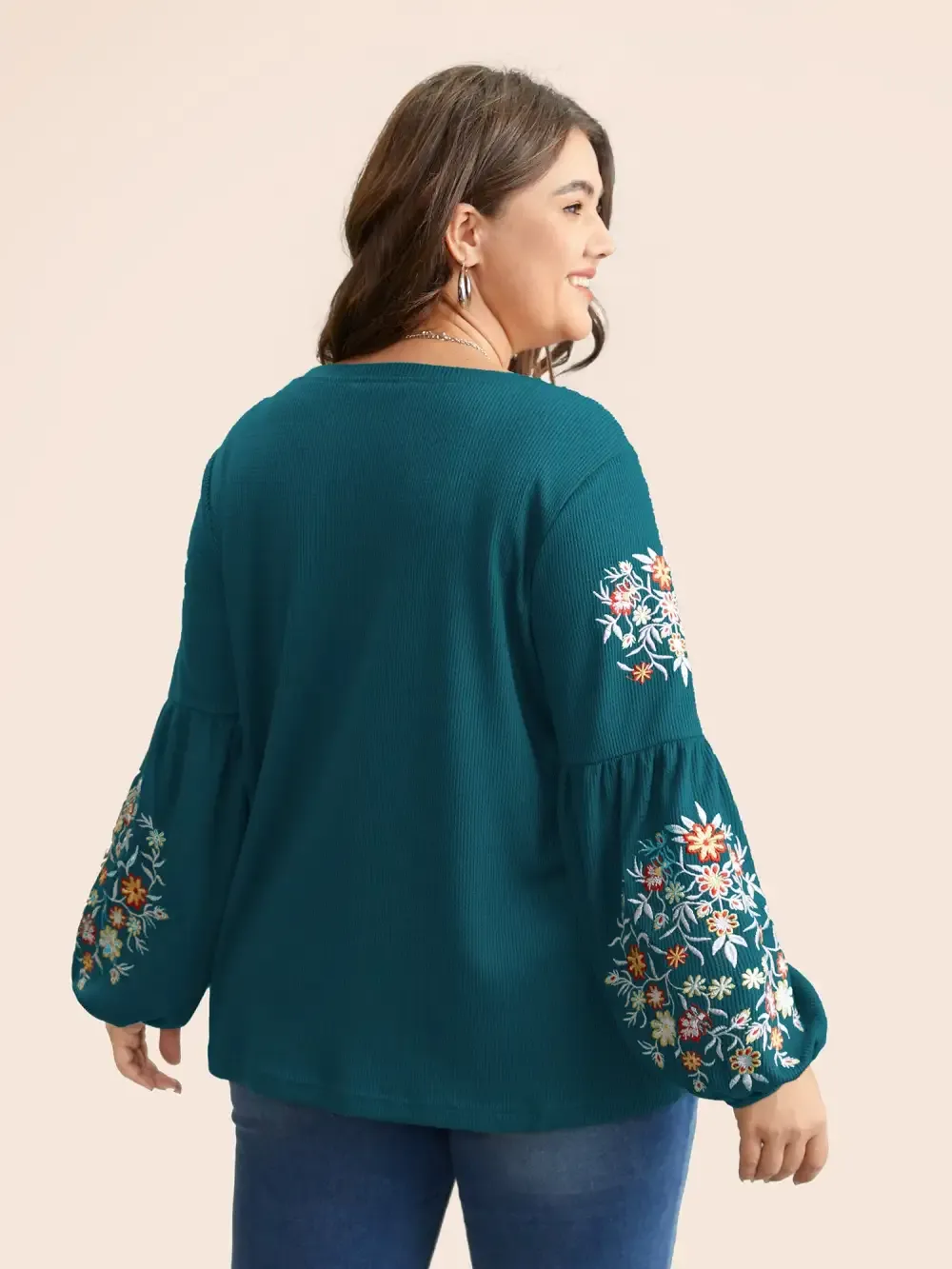 Waffle Knit Floral Embroidered Lantern Sleeve T-Shirt