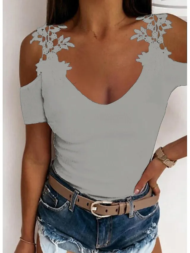 Women's T shirt Tee Going Out Tops Burgundy Tee Concert Tops Plain Lace Cut Out Casual Weekend Elegant Fashion Basic Cold Shoulder Short Sleeve U Neck Off Shoulder Black Summer Spring