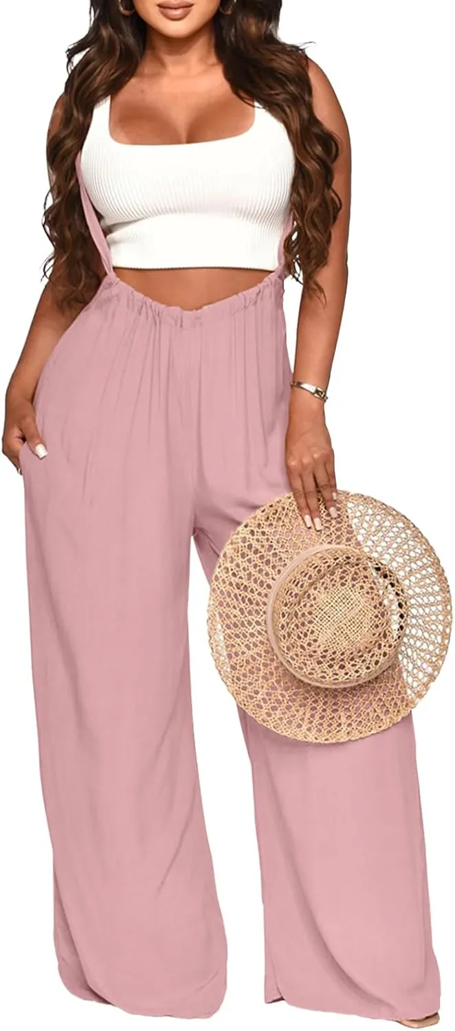 Womens Jumpsuit Casual Loose Sleeveless Adjustable Spaghetti Straps Wide Leg Pants Baggy Overalls With Pockets