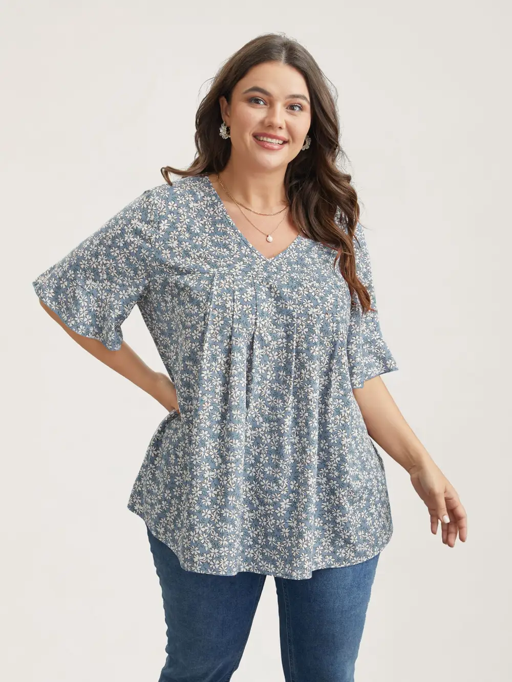 Ditsy Floral Pleated Flared Sleeve Shirt