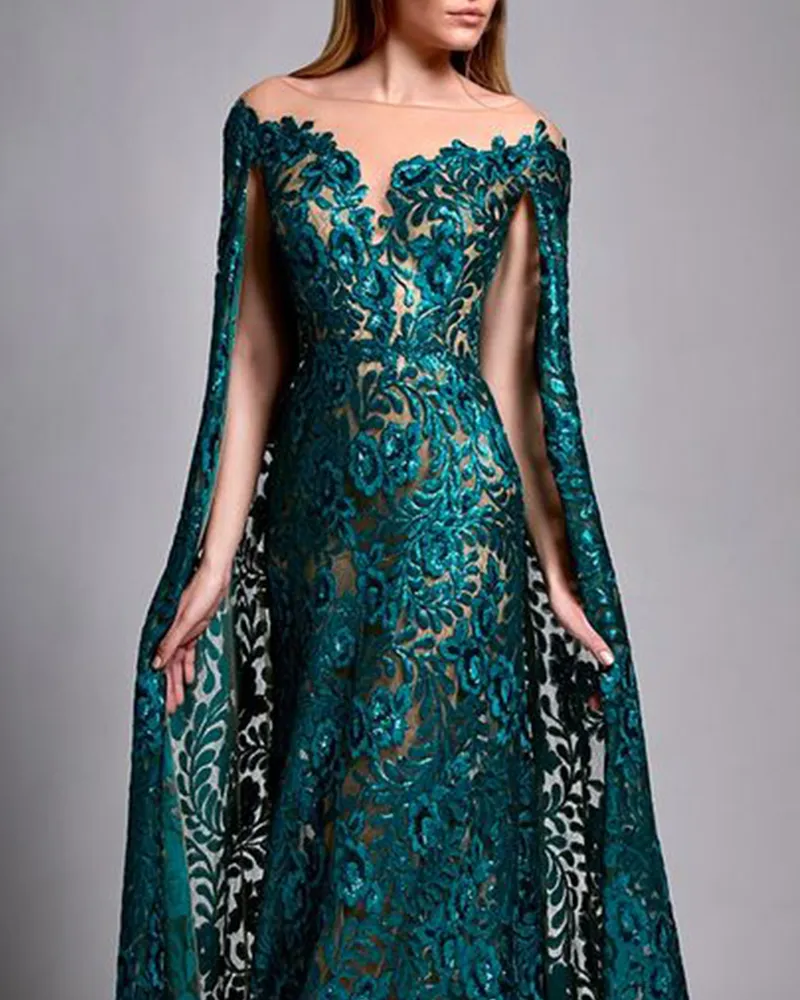 Gown maxi dress cape sequin embroidery