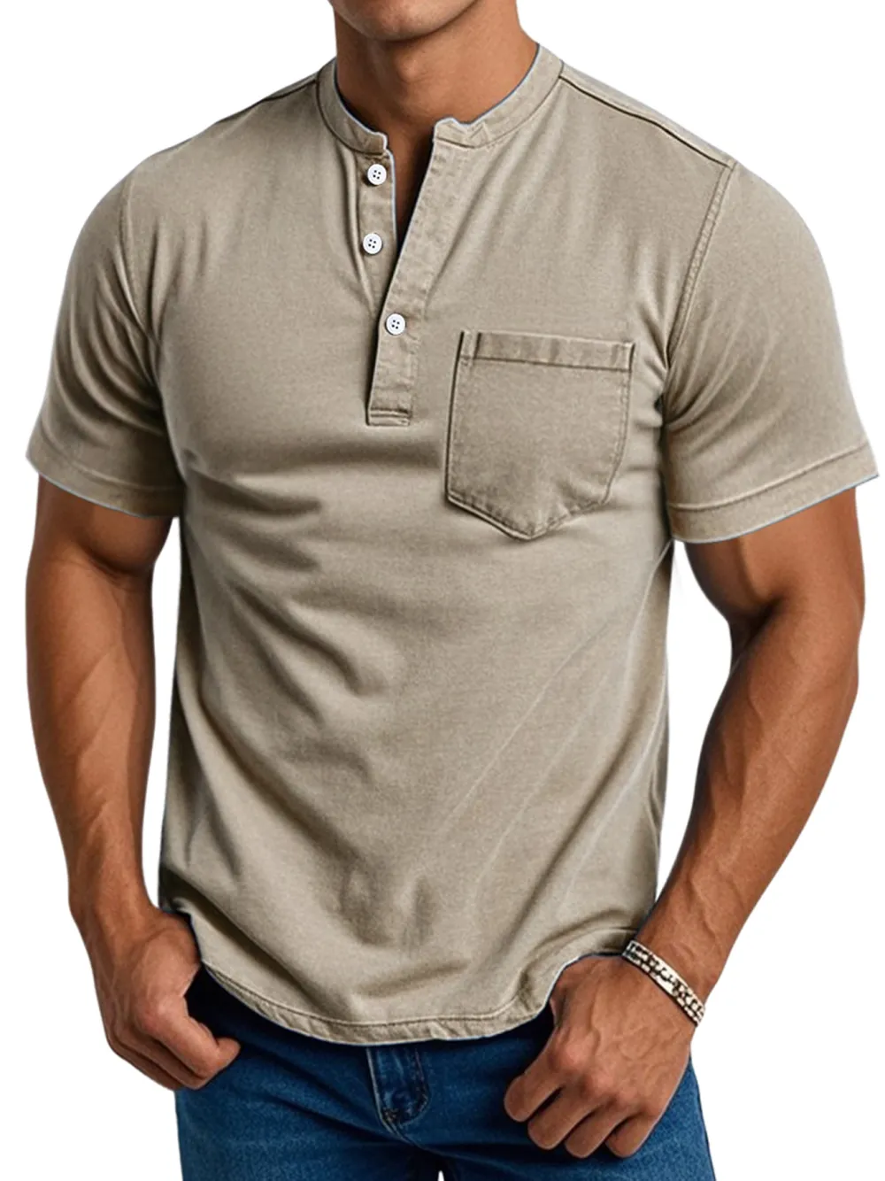 Men's Daily Casual Pocket Stand Collar Short Sleeve Comfortable Henley Shirt