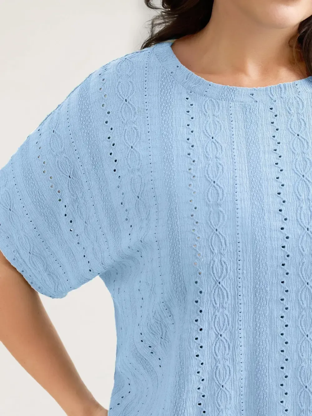 Eyelet Trim Stretchy Textured Plain Top