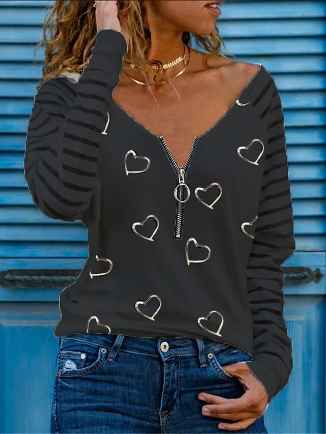 Women's T shirt Tee Black White Pink Heart Quarter Zip Print Long Sleeve Casual V Neck Regular Loose Fit S