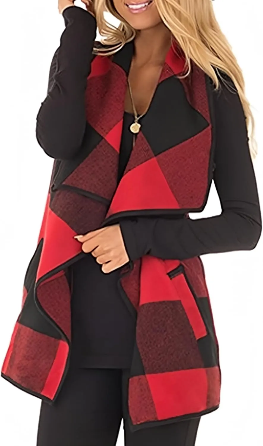 Womens Buffalo Plaid Vest Casual Lapel Open Front Sleeveless Cardigan Jacket Coat with Pockets