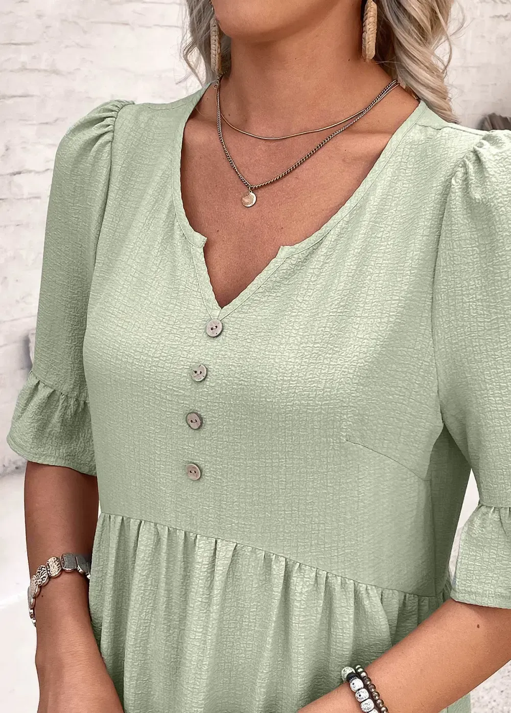 Sage Green Button A Line Half Sleeve Dress