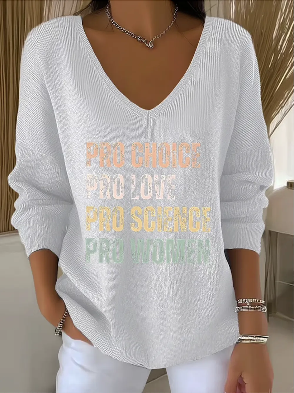 Casual Cotton V Neck Text Letters Sweater
