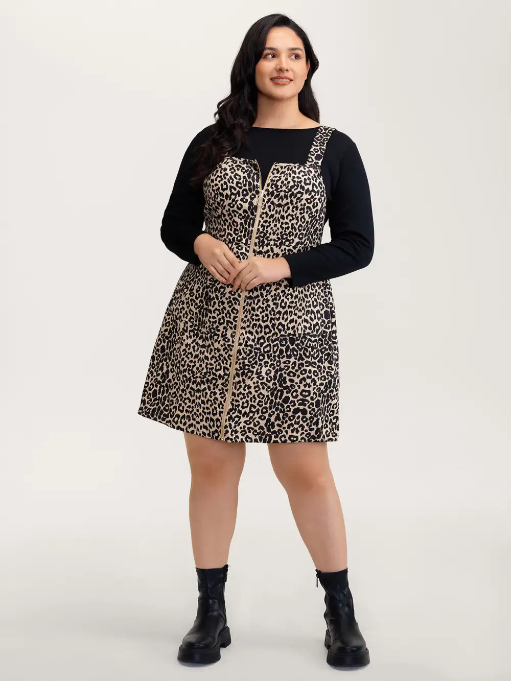 Leopard Print Zipper Front Knee-Length Dress
