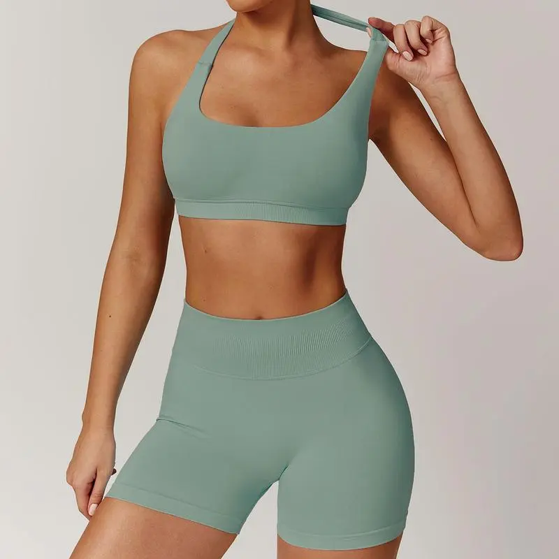 Women's Backless Halter Crop Top & High Waist Shorts Activewear Set