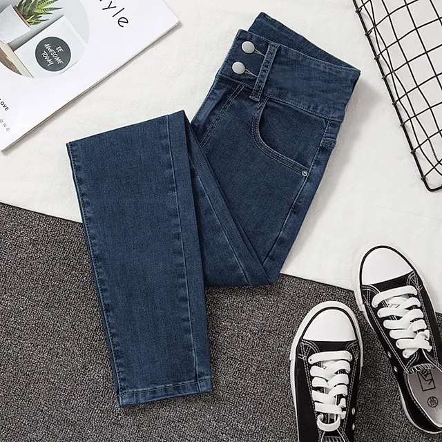 Women's Jeans Straight Denim Plain Basic Classic Retro Standard Spring &  Fall Blue gray Black Blue Grey