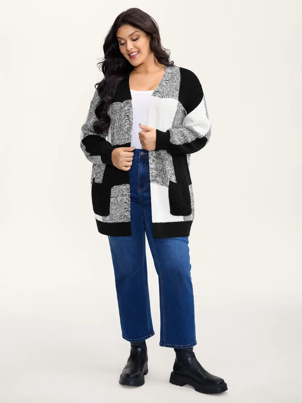 Checkered Heather Textured Open-Front Cardigan