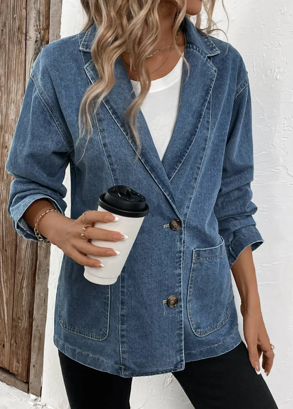 Denim Blue Patchwork Long Sleeve Lapel Coat