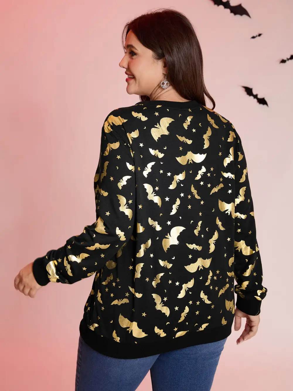 Gold Bat Print Stretchy V-Neck Sweatshirt