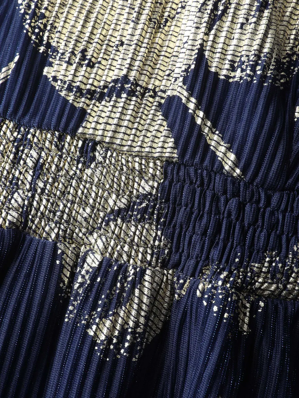 Hot Stamped Fall Leaf Shirred Midi Dress