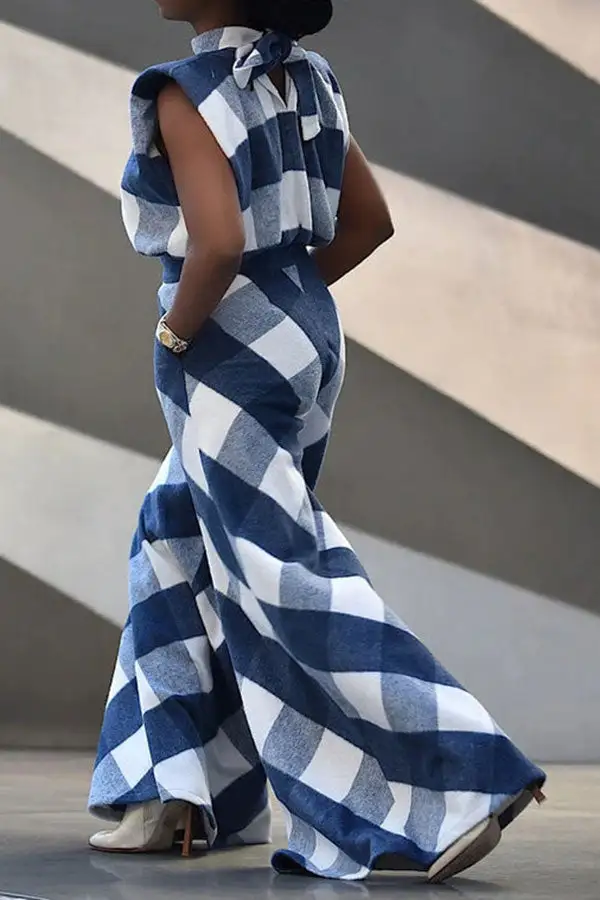 Checked Unusual Bow Tie Wide Leg Pant Suit