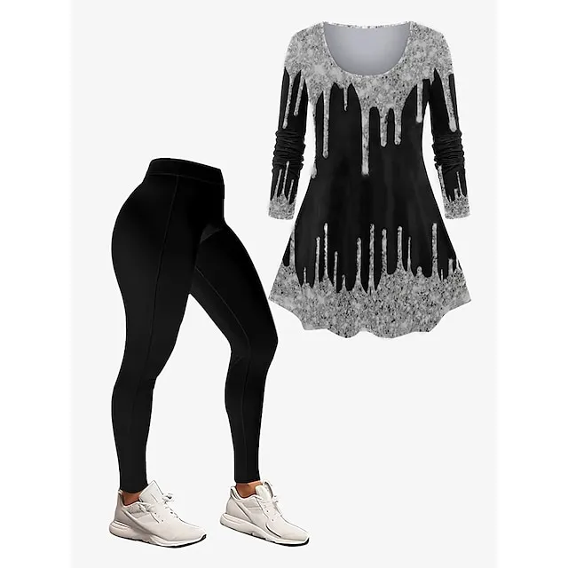 Women's Set Graphic Silver Dark Yellow Black Print Long Sleeve Daily Vacation Holiday Casual Festival Crew Neck Regular Fit Fall Winter