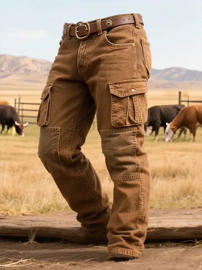 Men's Retro Stitching Contrast Color Multi-Pocket Casual Work Trousers