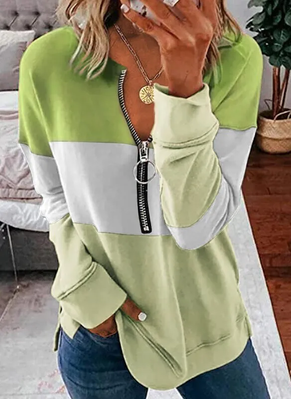 2021 new fashion color block striped V-neck long sleeve top sweatshirt