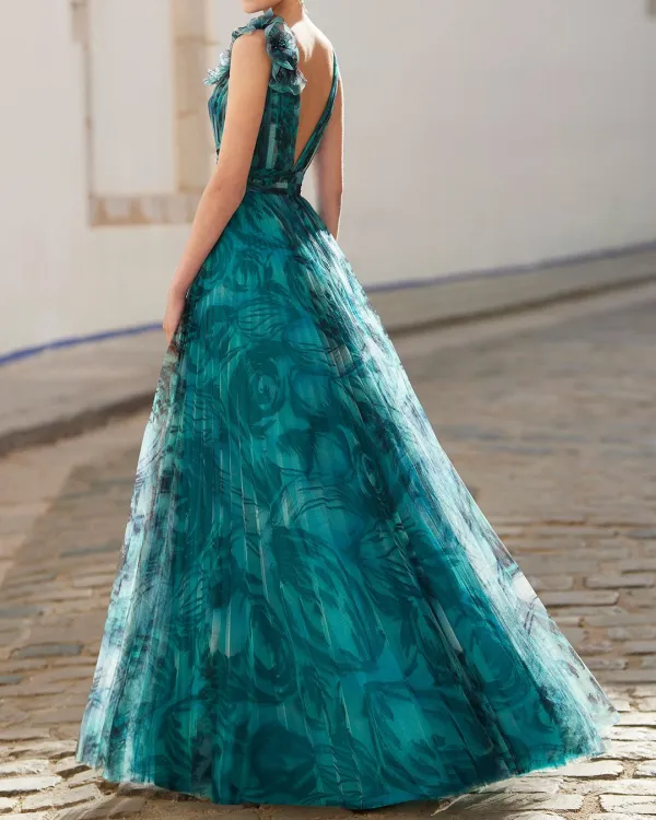 Layered chiffon silk print maxi dress Gown