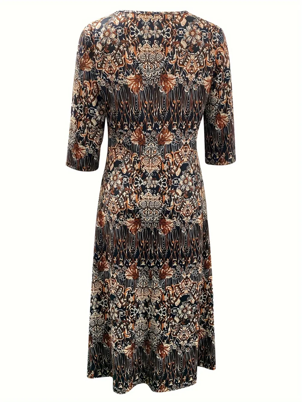 Floral Print Button Notched Neck Dress, Vintage 3/4 Sleeve Midi Dress For Spring & Summer