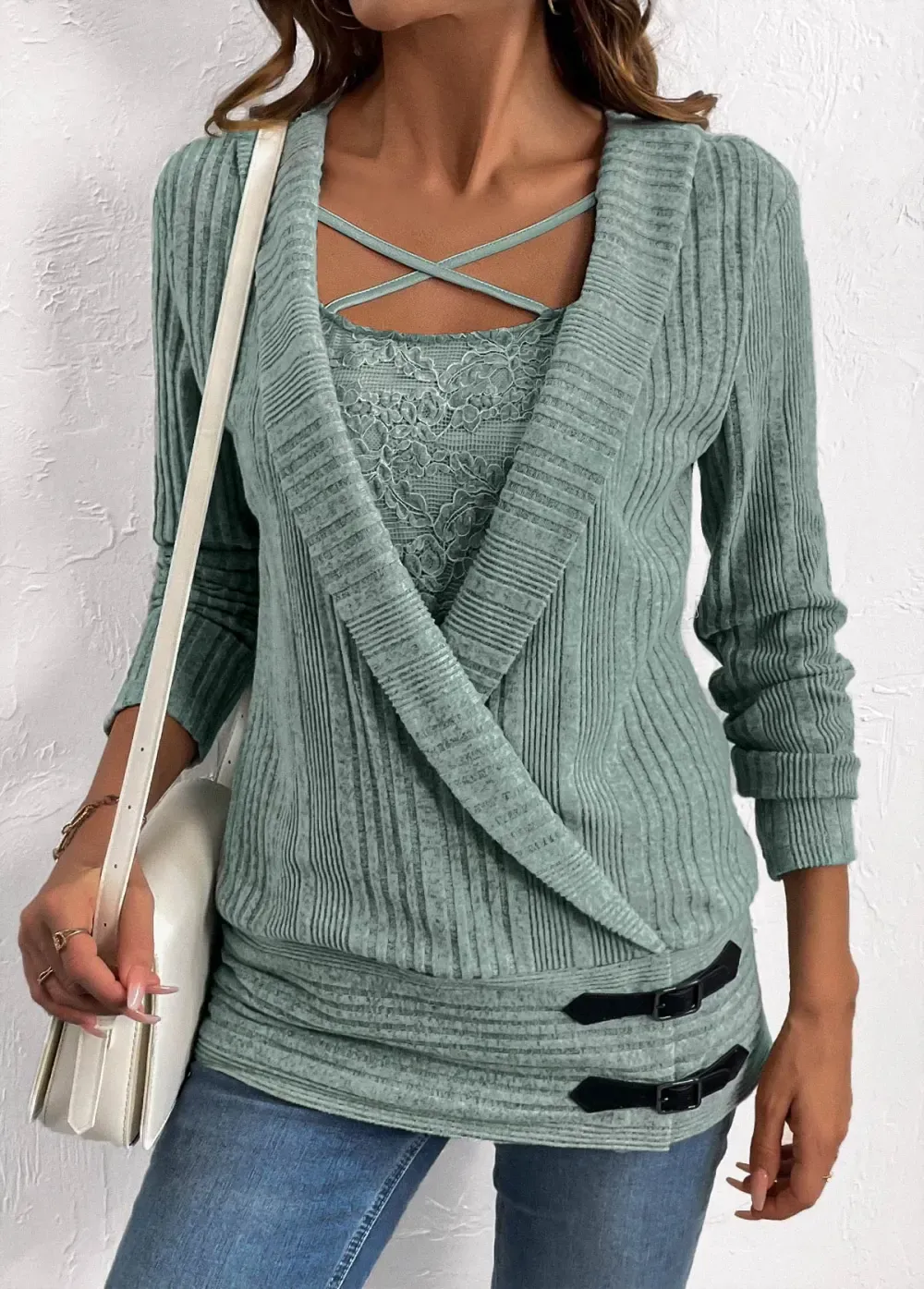 Green Surplice Long Sleeve Fake Two Piece Twinset