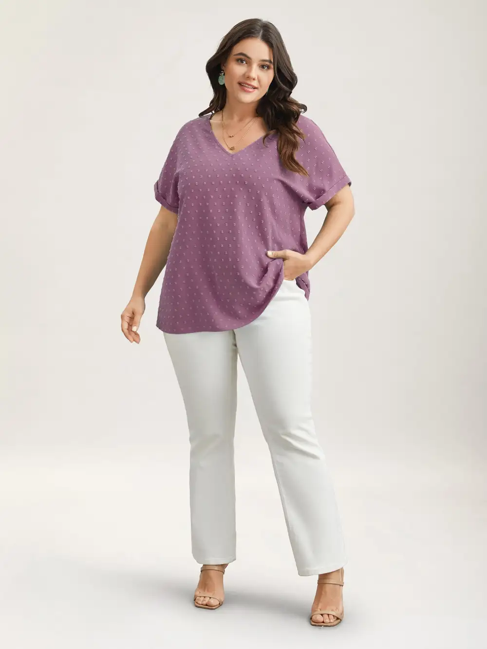 Back-Button Textured V-Neck Shirt