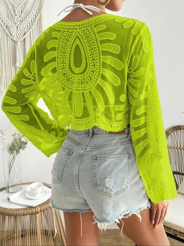 Women's Floral Embroidered Sheer Long Sleeve Beach Cover Up