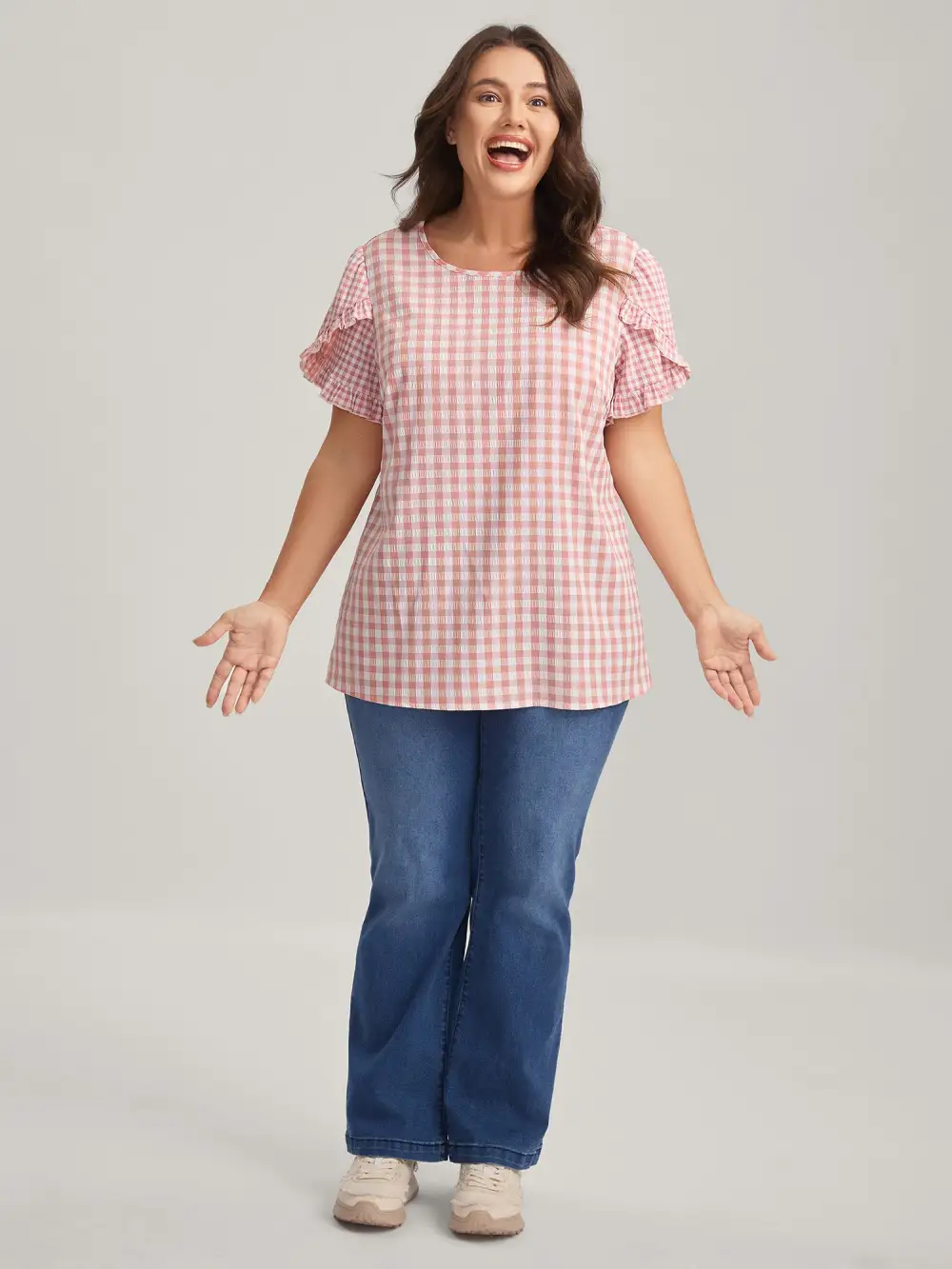 Sweet Gingham Wrinkled Petal Sleeve Blouse