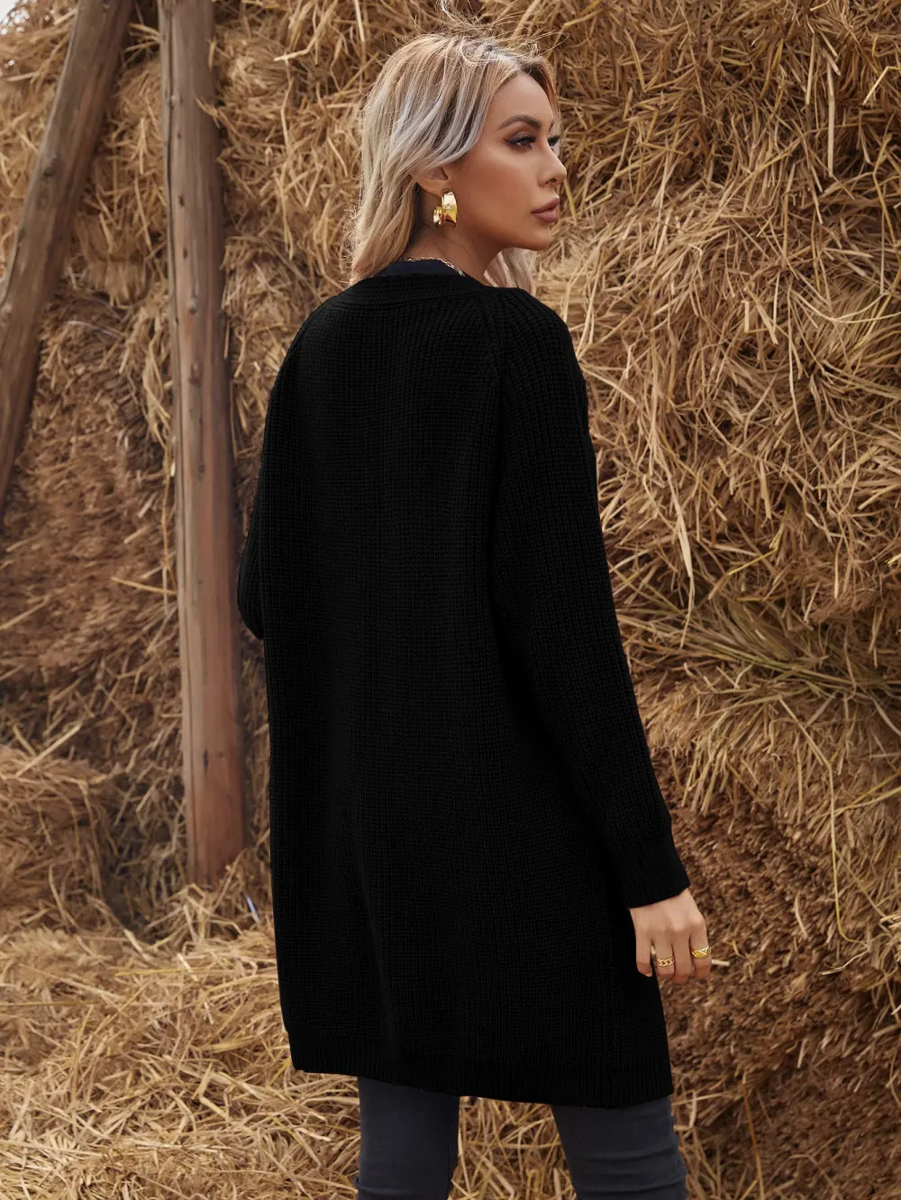 Solid Raglan Sleeve Open Front Cardigan