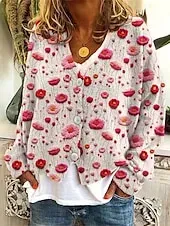 Women's Coat Casual Jacket Warm Comfortable Print Fashion Modern Casual Floral Going out Weekend Single Breasted Regular V Neck Regular Fit Long Sleeve Outerwear Yellow Pink Dark Pink Fall Winter