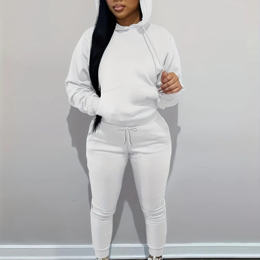 Womens Comfort-fit Drawstring Hoodie & Loose Sweatpants Set - Stylish Two-Piece Pantsuit with Handy Pockets - Versatile Casual Wear for Everyday Style