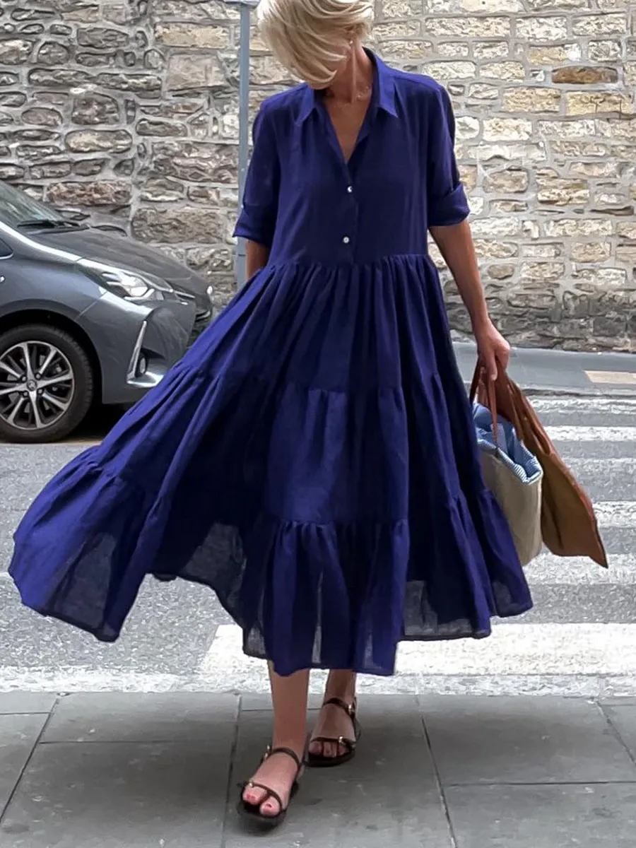 Ladies Long Sleeve Solid Color Panel Hem Dress