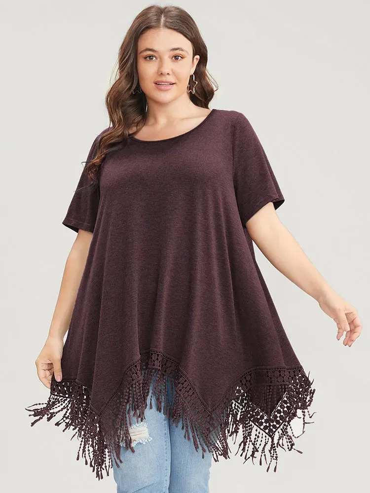 Solid Round Neck Lace Fringe Hem T-shirt