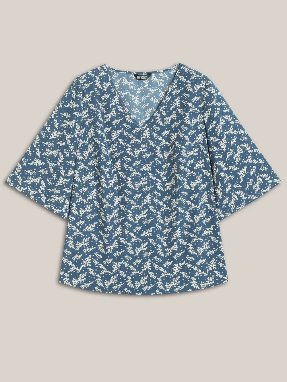 Floral Print Curvy Hem V-Neck Shirt