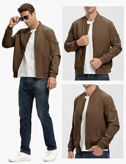 Men's Plus Size Bomber Jacket – Lightweight Zip-Up Flight Coat with 5 Pockets, Casual Fall Windbreaker.