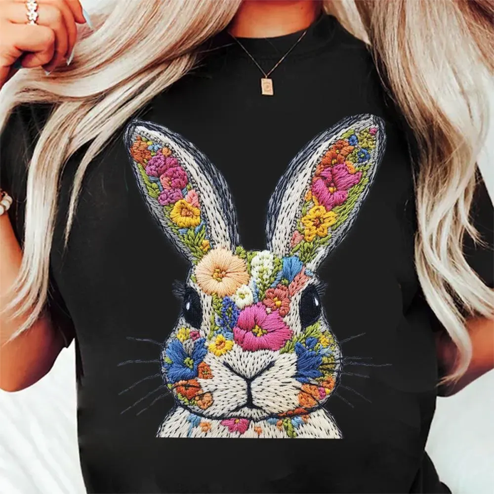 Easter Floral Bunny Printed Round Neck Short Sleeve T-Shirt